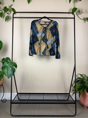 Vintage Michaels Blue and Gold Printed Tie-Neck Long Sleeve Top